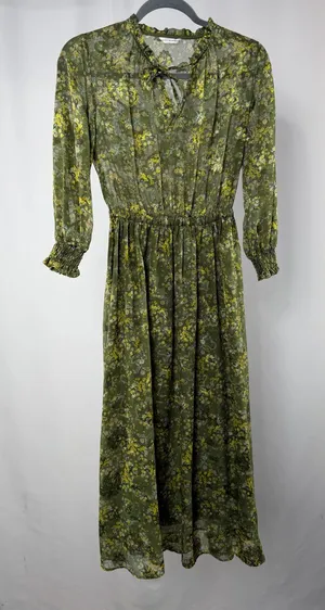A.V.V. Standard Floral Tie-Neck Long Sleeve‎ Midi Dress in Green Size Small thumbnail 1