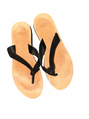 UGG Women's Black Strap Tan Leather Flip Flop Sandals Size 9 thumbnail 2