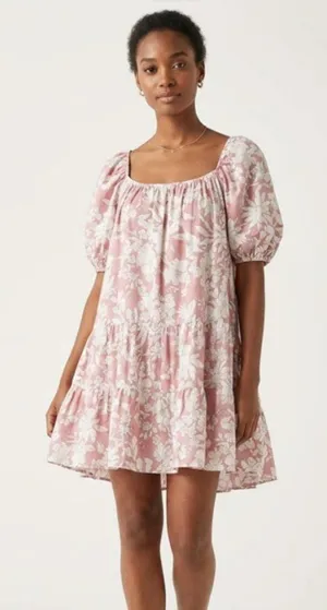 By Together Boho Floral Mini Dress Baby Doll Square Neck Short Sleeve Small thumbnail 1