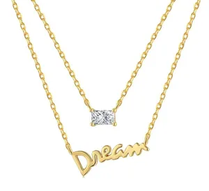 18k Gold Plated Necklace Over 925 Sterling Silver Double Chain Double Pendant Dainty Minimalist Ladies thumbnail 2
