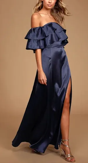 Lulus Pure Happiness Navy Blue Satin Off-the-Shoulder Maxi Dress thumbnail 1