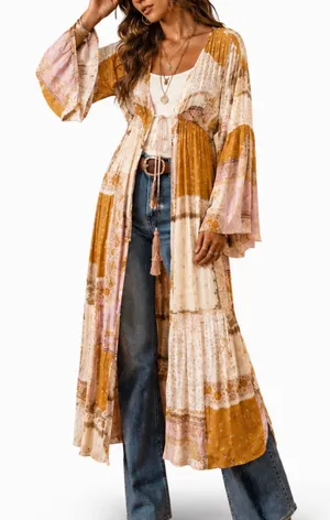 Dress Forum Boho Patchwork Paisley Maxi Kimono Duster Bell Sleeve S NWOT thumbnail 1