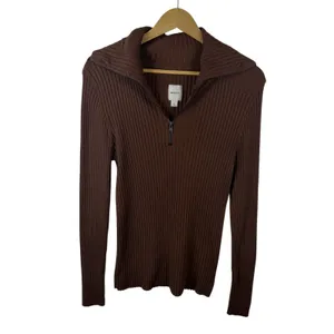 Maeve Anthropologie Brown Ribbed Fitted Half Zip Sweater Large Minimalist Layers thumbnail 2