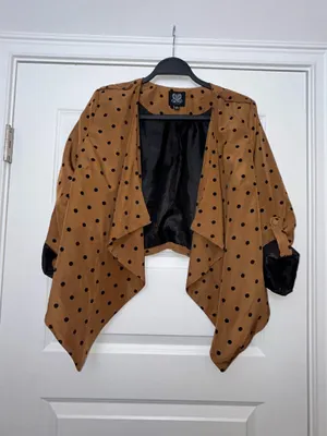 MINE Polka Dot Print Roll Tab Sleeve Open Cascade Front Blazer Jacket Size L thumbnail 4