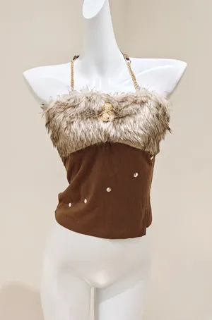 Others Follow Brown Corduroy Halter Tube Top Faux Fur thumbnail 1