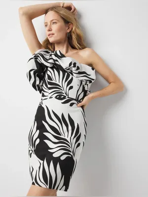 NWT $180 White House Black Market One-Shoulder Jacquard Dress Black White SZ-12 thumbnail 2