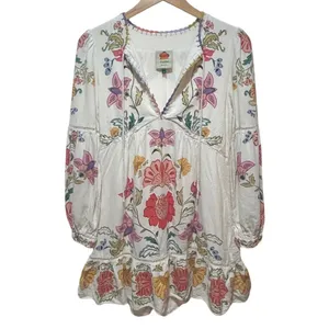 Farm Rio Floral Insects Mini Dress Small White Boho Tiered Whimsical Cottagecore thumbnail 4