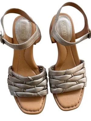 EUC Born Leather Shonie Heeled Sandals Gold Size 8 Retail $130.00 thumbnail 2