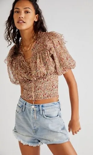 Free People Smocked Floral Lace-Up Crop Top XL NWOT Boho Prairie Cottagecore thumbnail 1
