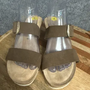 Bio Green Spain Wedge Slide Sandals Sz 40 Brown Leather Dual Suede Buckle Straps thumbnail 6