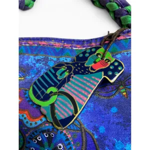 Laurel Burch Shoulder Bag Cats Dogs Purple Green Canvas Art Purse Vintage thumbnail 4