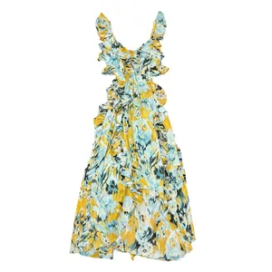 MISA Los Angeles Alessandra Sleeveless Ruffle Midi Dress Blue Yellow Medium thumbnail 2