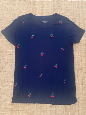 JCrew Factory Collectors Tee Navy Blue Embroidered Cherry Print Small thumbnail 2