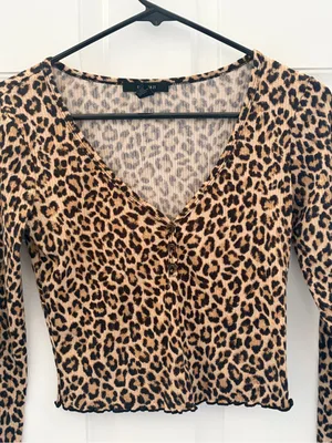 Forever 21 Leopard Print V-Neck Long Sleeve Top - Tan and Black thumbnail 2