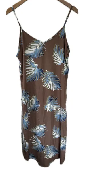 Papermoon Hawaiian Tropical Palm Leaves Mocha Midi Side Slits Slip Dress L thumbnail 1