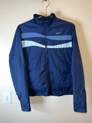 Nike Navy Lightweight Zip Windbreaker Jacket‎ Swoosh Stripe Women’s Medium thumbnail 1