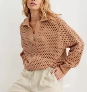 Aerie NWOT Open Knit Polo Sweater in Beach Dune‎ Size Smalll thumbnail 1