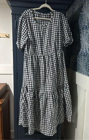 NEW Lantern Puff Sleeve Plaid Gingham Swing Tiered Midi Dress M thumbnail 3