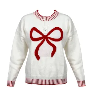 Mud Pie White Crewneck Sweater with Red Bow Detail thumbnail 1
