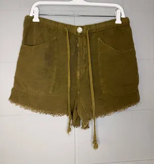 Free People Tomboy Linen Blend Raw Hem Drawstring Shorts in Army Green Sz Small thumbnail 1