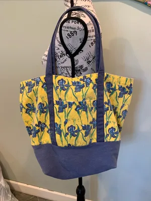 Large Yellow & Blue Floral Irises Lightweight and Sturdy Cotton Canvas Tote Bag thumbnail 1