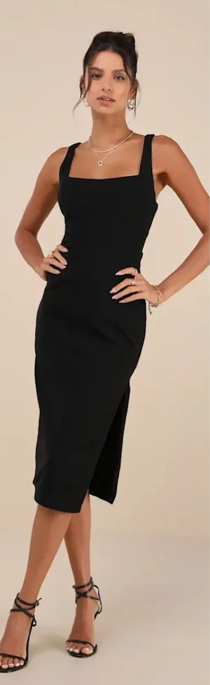 Lulus Vibrant Allure Black Square Neck Sleeveless Bodycon Midi Dress Size large thumbnail 1
