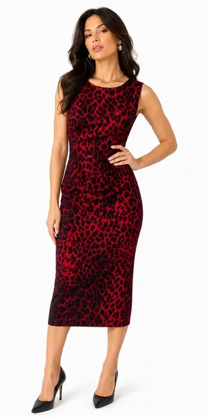 Cache‎ Vintage Red Black Leopard Print Midi Dress Belted Sheath Mob Wife Size 12 thumbnail 1
