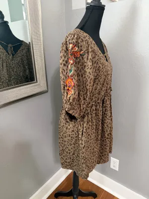 Cato Cheetah Print Floral Embroidered Puff Sleeve Ruffle Trim Boho Sedona Dress Large. thumbnail 6