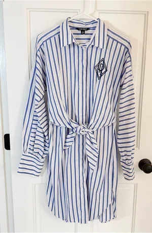 Lauren Ralph Lauren Cotton Striped Tie Front Monogram Shirt Dress Size 10 thumbnail 1