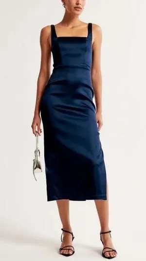 Abercrombie midi navy sculpt satin dress thumbnail 1
