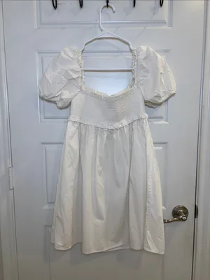 Sunday Best White Smocked Puff Sleeve Mini Dress Size S thumbnail 3