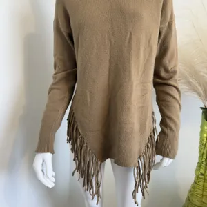 Stella + Lorenzo Women’s Sweater Fringe Hem Turtleneck Tan Boho Knit Size S thumbnail 5