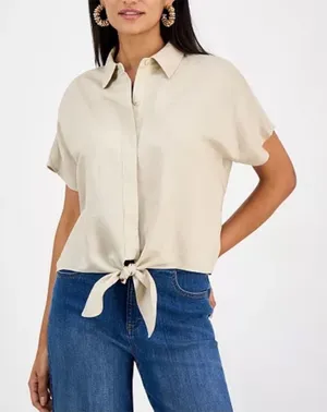 I.N.C. Neutral Linen Blend Boxy Short Sleeve Button Front Top Size XS thumbnail 1