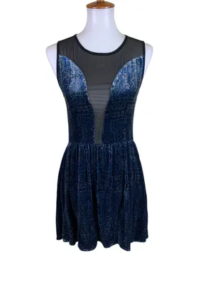 For Love & Lemons Lulu Blue Velvet Mesh Plunge Fit Flare‎ Mini Dress Medium thumbnail 2
