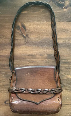 Vintage Leather Crossbody Bag Brown Braided Strap Boho Retro Rustic 60s 70s‎ thumbnail 1