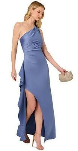 Adrianna Papell Women Gown 6 Blue Satin Crepe One Shoulder Ruffle Side Slit thumbnail 1