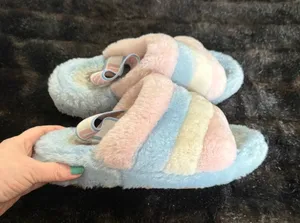 UGG Women’s 7 Fluff Yeah Light Blue Pink Pride Slide Sandals thumbnail 1