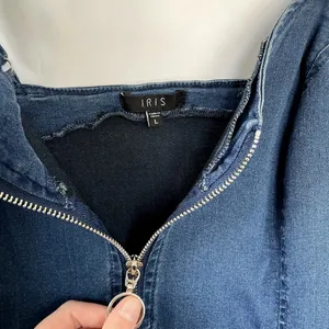 Iris‎ blue denim minidress women's size L full zip front spaghetti straps thumbnail 3