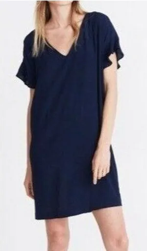 Madewell Easy Mini Dress Womens M Blue Ruffle Sleeves V Neck Preppy‎ SMALL FLAW thumbnail 1