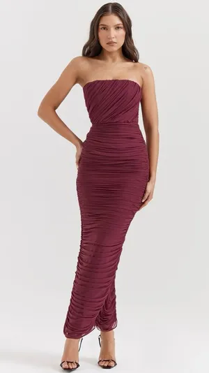 House of CB SAPPHIRE WINE GATHERED MAXI DRESS, Size Small, $239 thumbnail 1