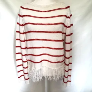 W by Worth Breton Stripe Womens Sweater Sz S Fisherman Nautical Fringe Preppy thumbnail 2