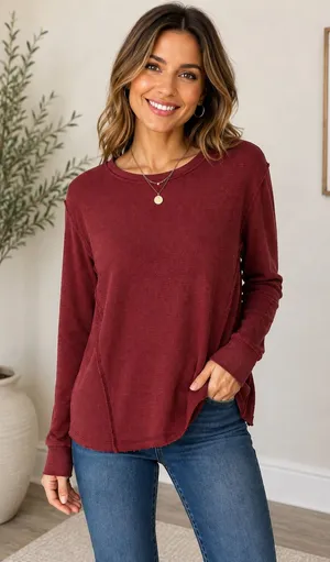 Lucky Brand Waffle Knit Long Sleeve Top | Burgundy | Medium | Raw Edge Casual thumbnail 1