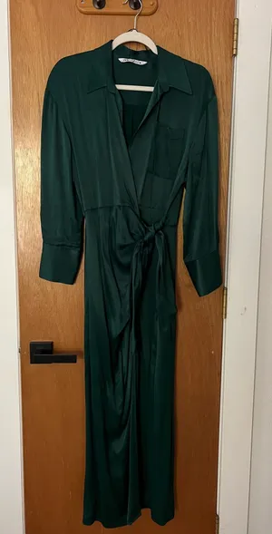 Zara forest teal green satin silky maxi tie dress thumbnail 1