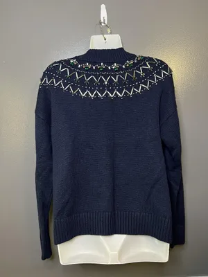 Talbots Sweater Womens Large Blue Mock Neck Beaded Jewel Yoke Knit Pullover thumbnail 6