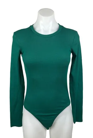 Zara Women's Green Crew Neck Long Sleeve Stretch Fitted Rib Bodysuit Top Size S thumbnail 1