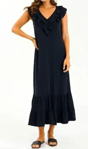SUNDAYS Black Gauze Cotton Ruffle Hem Maxi‎ Dress Summer Beach Vacation thumbnail 1