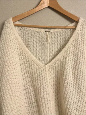 Free People‎ Cream V-Neck Textured Knit Sweater thumbnail 4