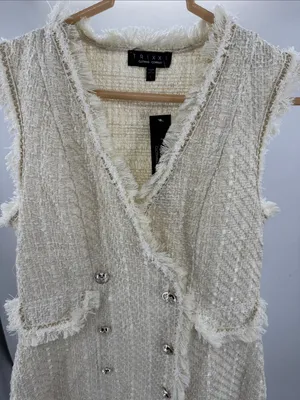 Trixxi cream bouclé tweed double breasted metallic mini blazer vest dress fringe thumbnail 6