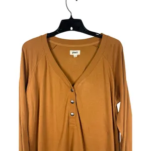 Pact Organic Cotton Henley Tunic Top Women’s L Camel Mustard Long Sleeve thumbnail 2