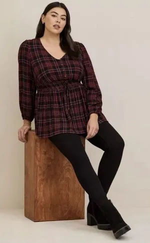 Torrid Plaid Babydoll Flannel Crinkle Gauze‎ Smocked Tie Waist Top Size 1X thumbnail 1